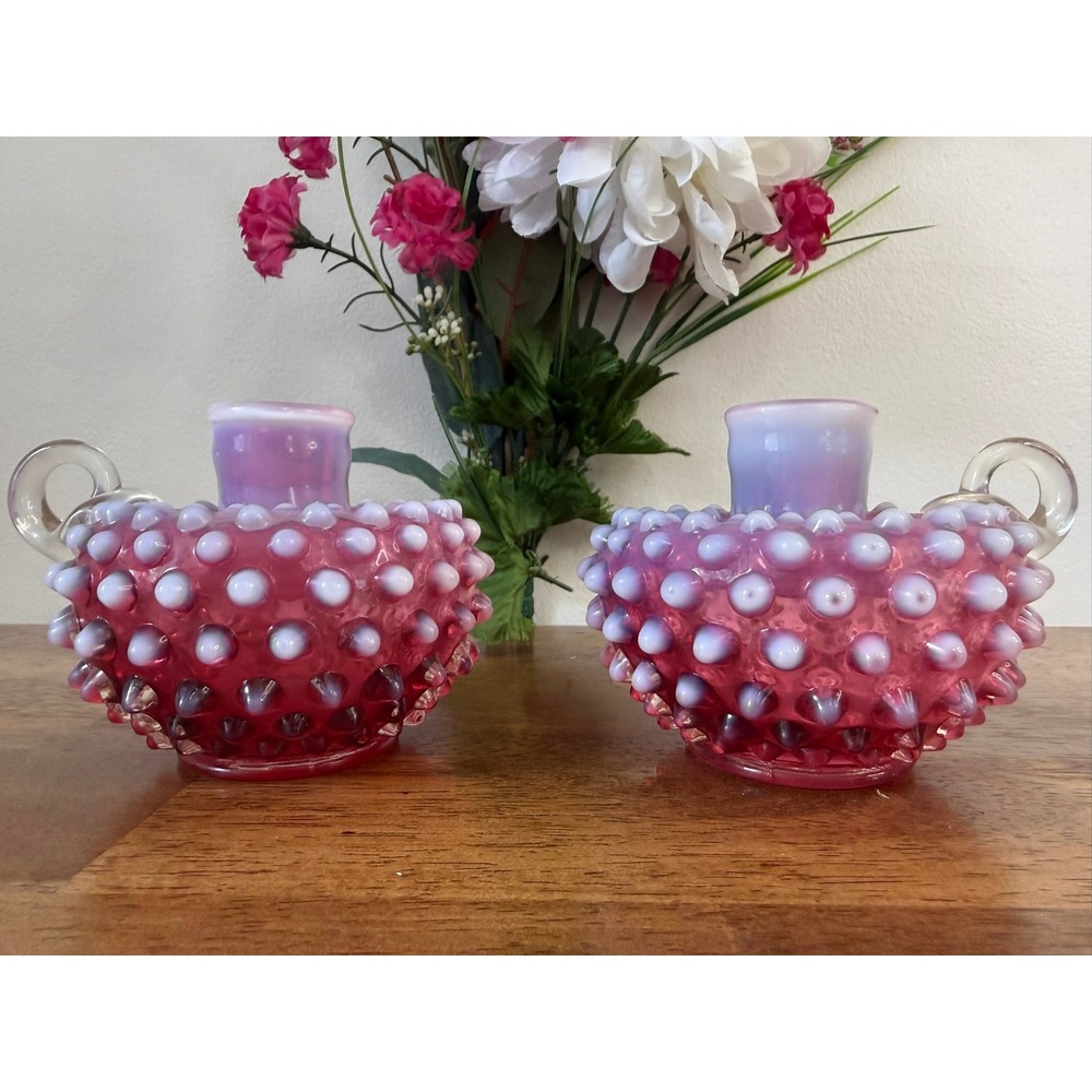Vintage Fenton Cranberry Opalescent Hobnail Candle Holders Pair Pink Glass